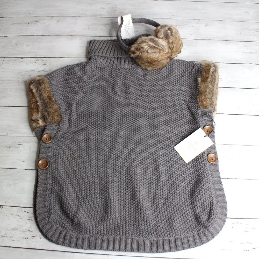 Aspen Girl's Gray Turtleneck Sweater Poncho Cape Size M 7 8 Ear Muffs